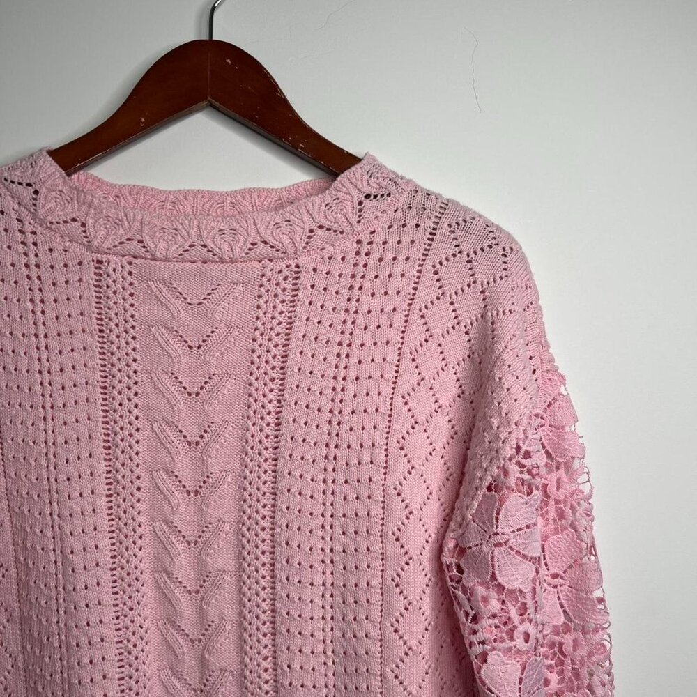 Pink vintage handmade knit sweater with lace sleeves about a size medium